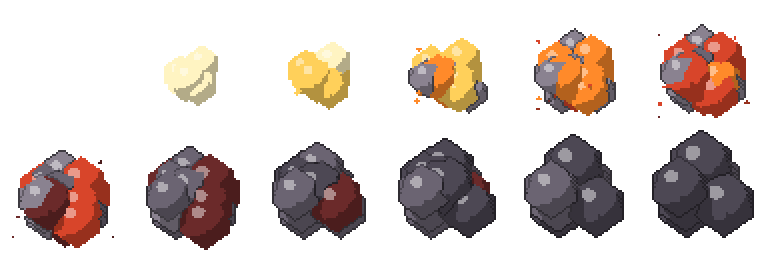 The same explosion as a sprite sheet of twelve 64 pixel frames, from flash to smoke