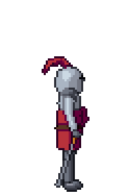 A pixel-art knight jumping, seen from the side, stiffly