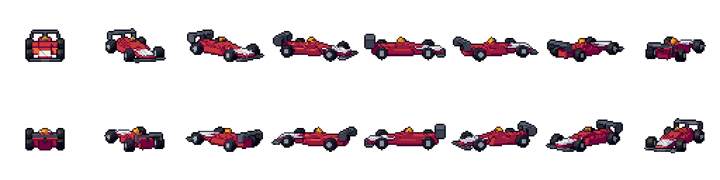 A red race car at 16 angles from a low, slanted camera