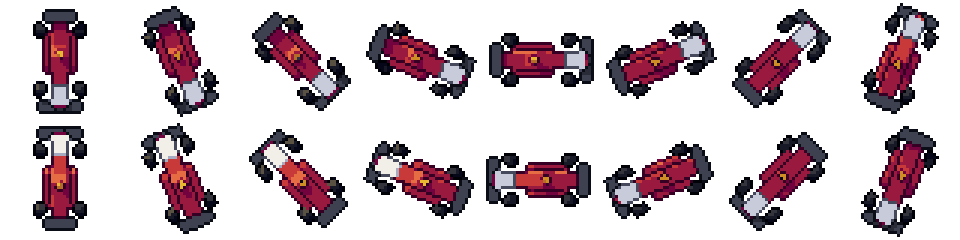 A red race car seen from straight above at 16 angles, two rows of eight