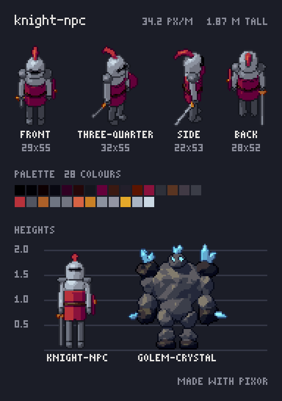 A pixel-art turnaround sheet of a knight: front, three-quarter, side and back views with their sizes, a 28-colour palette and a height chart beside a crystal golem