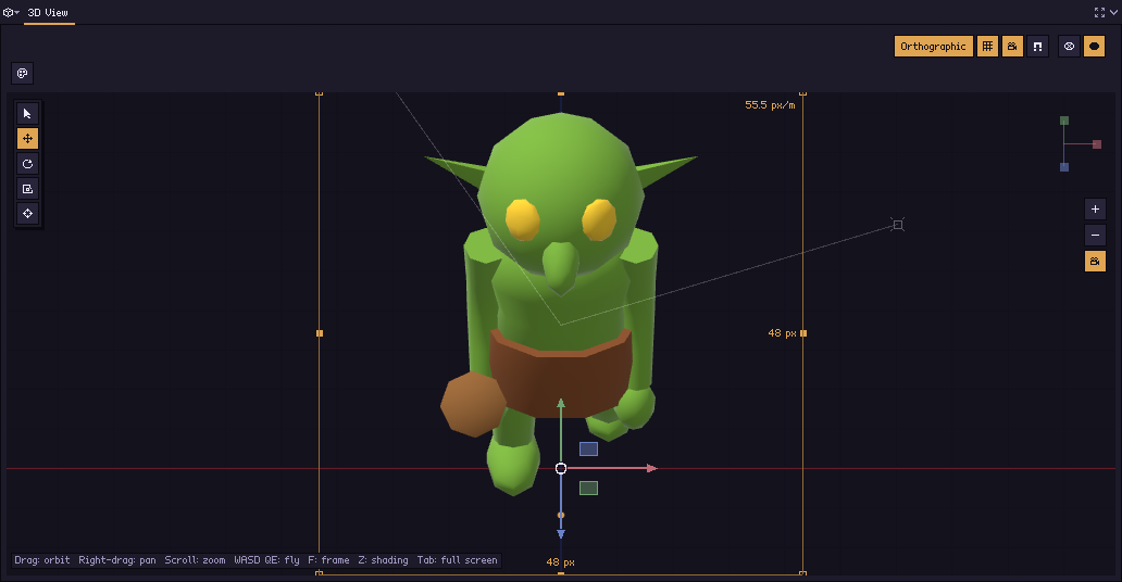 The 3D View: the model with the camera’s frame round it, the tools on the left and the view’s buttons on top