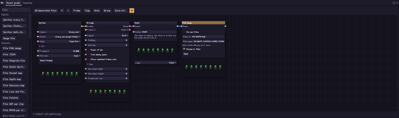 The Asset graph: Sprites, Arrange, Sheet and the PNG image it writes, with the node library on the left