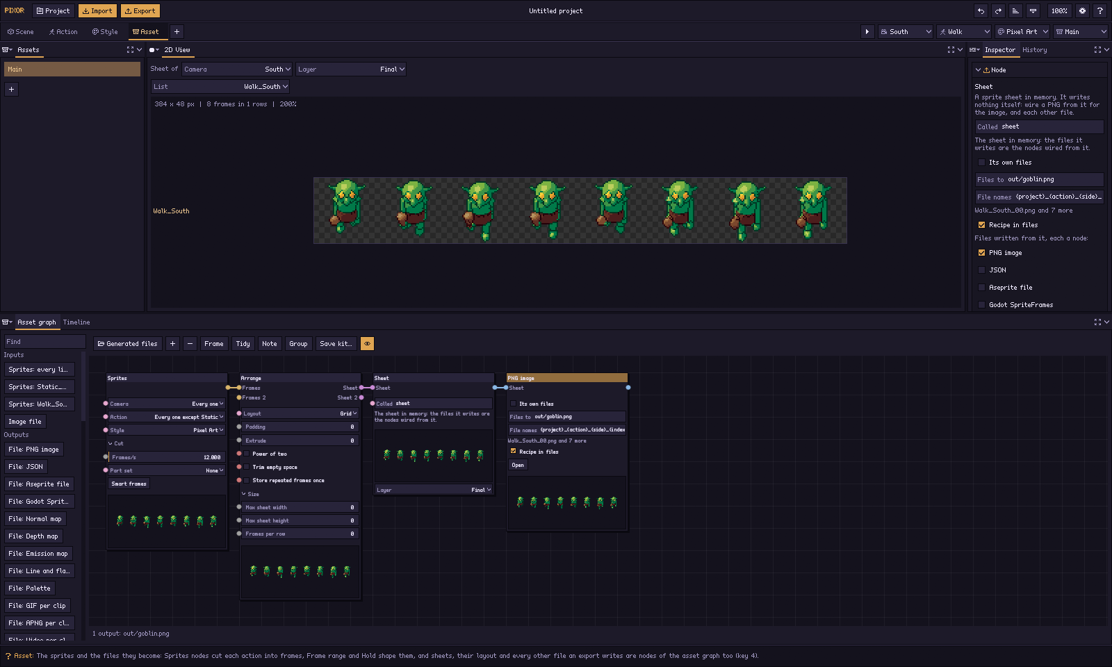 The Asset step: the sheet in the 2D View, the Sheet node in the Inspector, and the Asset graph below