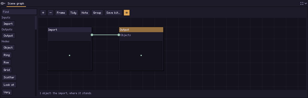The Scene graph of a new project: the Import node wired to the Output, with the node library on the left