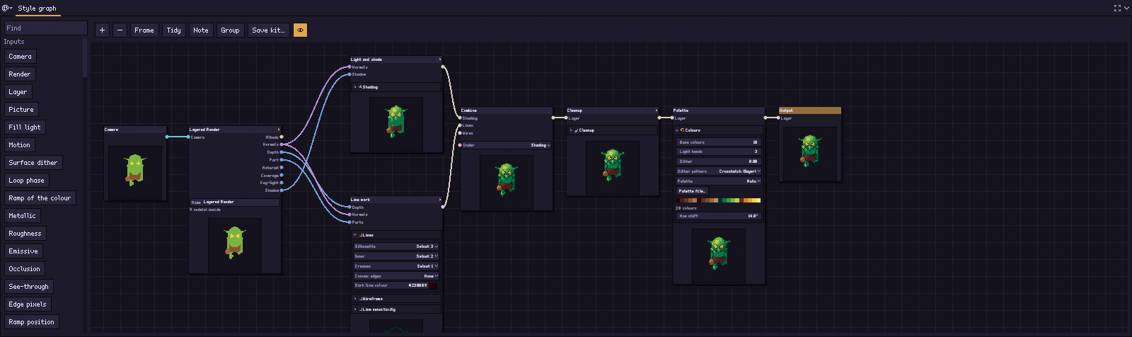 The Style graph you start with: Camera into Layered Render, its layers into Light and shade and Line work, combined, cleaned up and put on the palette before the Output