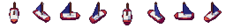 Toy boat from all 8 sides, animated pixel art