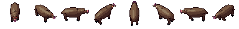 Boar from all 8 sides, animated pixel art