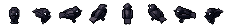 Crow from all 8 sides, animated pixel art