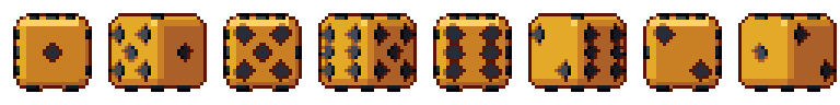 Golden die from all 8 sides, animated pixel art