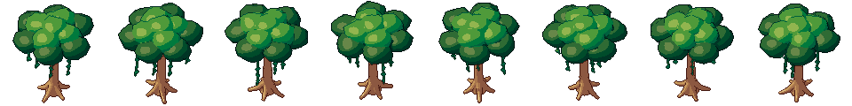 Arbre de la jungle sous ses 8 côtés, en pixel art animé