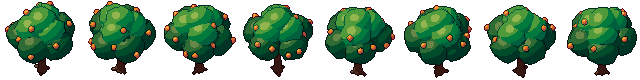 Orange tree from all 8 sides, animated pixel art