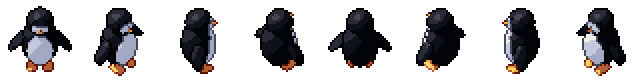 Penguin from all 8 sides, animated pixel art