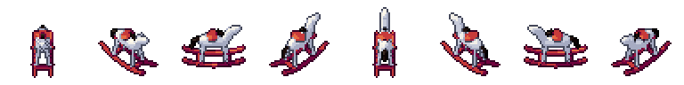 Rocking horse from all 8 sides, animated pixel art