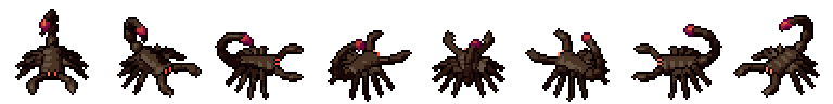 Scorpion from all 8 sides, animated pixel art