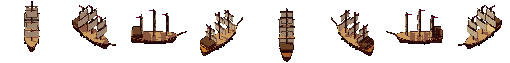 Galleon from all 8 sides, animated pixel art