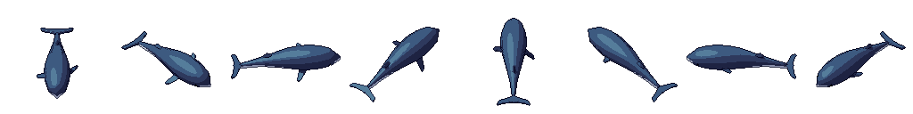 Whale from all 8 sides, animated pixel art